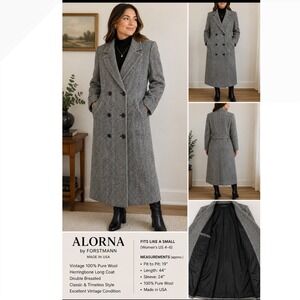 Vintage Alorna Forstmann Wool Herringbone DoubleBreasted Long Coat S Made in USA